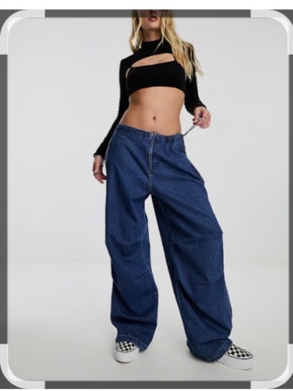 Only Clara denim parachute pants in dark blue.